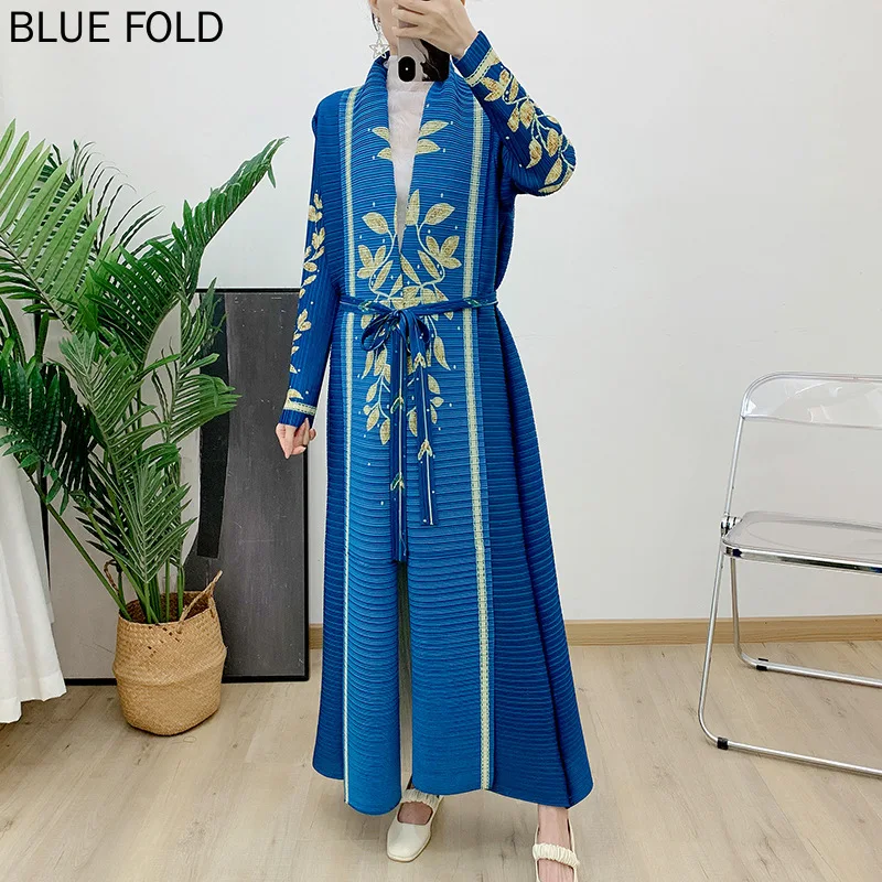 Middle East Dubai Evening Dress Bronzing Fashion Robe Printed Long-sleeved Windbreake MIYAKE PLEATS Elegant Trench Coat