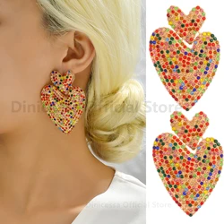 Heart Metal Decor Full Rhinestone Big Dangle Drop Earrings For Women Trend Charm Luxury Design Party Pendant Jewelry Accessories