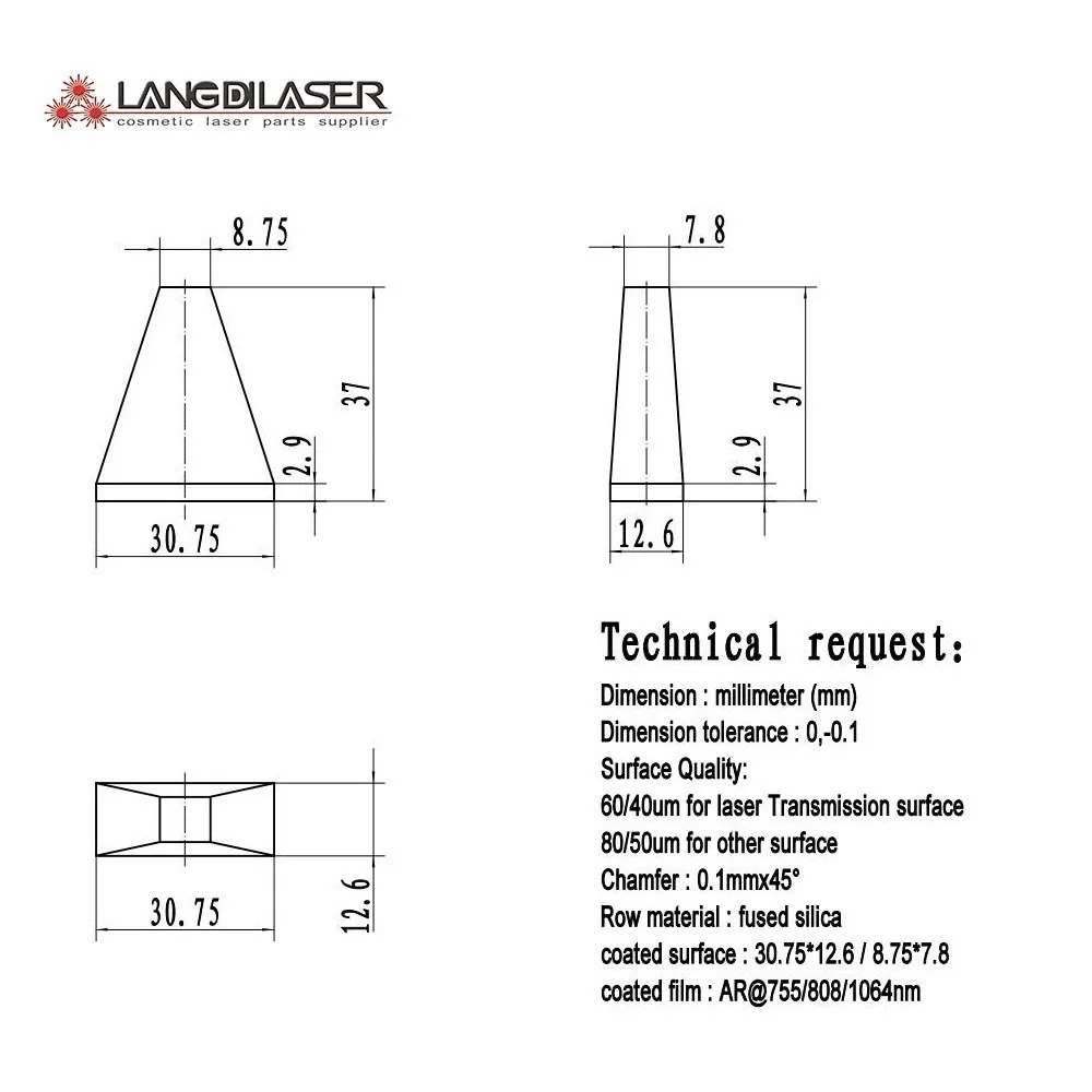 Size:37(3)*30.75(8.75)*12.6(7.8) / Prisma Crystal For Cosmetical 808 Diode Laser / AR@808/755/1064nm Film Coating