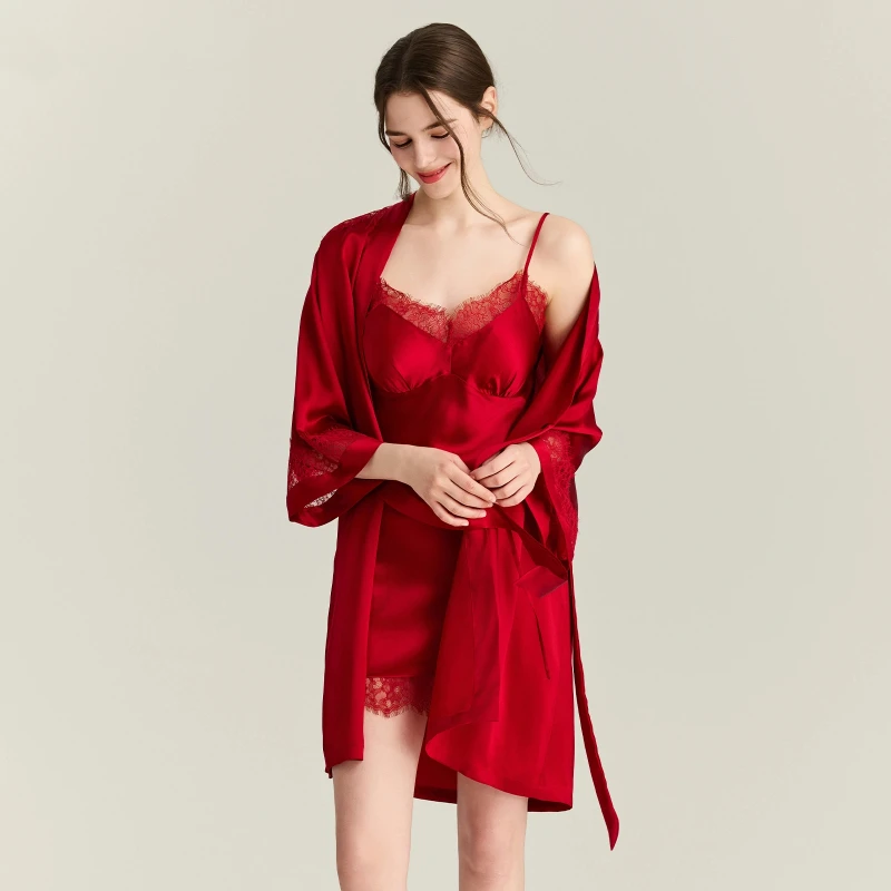 

19MM 100% Mulberry Silk Bride Wedding Robe Set Negligee Nightgown with Chest Pad Sexy Kimono Short Bathrobe Dressing Gown Pajama