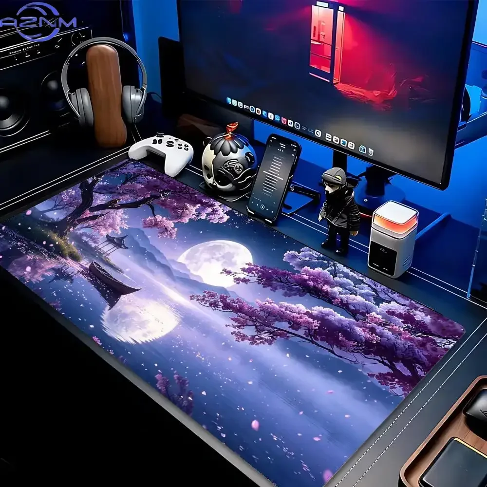 Purple Cherry Blossom Moonlit Lake Large Mousepad, Non-Slip Rubber Waterproof Extended Desk Mat, Night Riverside Pavilion Art Mo