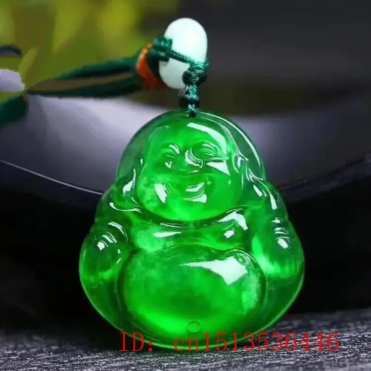 Carved Maitreya Buddha Jade Pendant Natural Chinese Green Jadeite Laughing Necklace Jewellery Fashion Amulet Gifts Sweater Chain