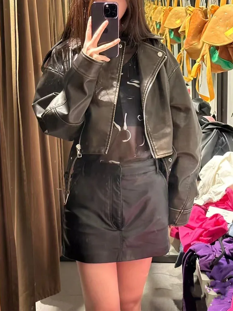 Fitaylor Veste en similicuir pour femme avec ceinture, manteau court en PU, rue haute, fermeture éclair rabattue, moto motard vintage, printemps, automne, nouveau