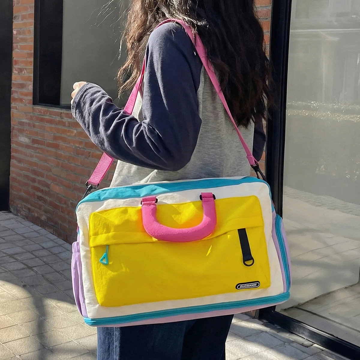 ドーパミンカラーブロック拡張可能なダッフルトラベルバッグ、シューズ収納付き、大容量、女性用ウィークエンダートートバッグ、フィットネス用キャリーオンバッグ