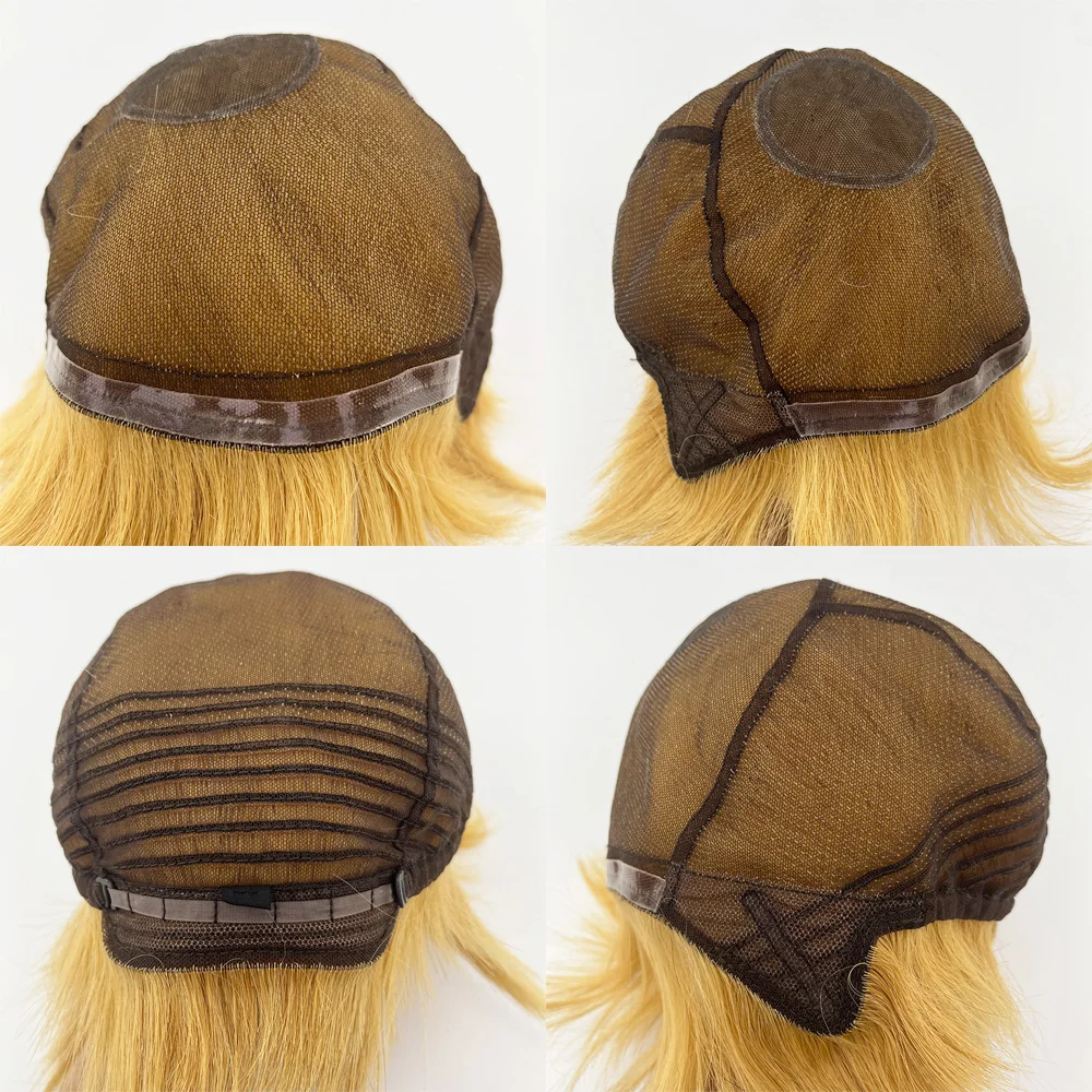 شعر مستعار بشري قصير بقص عابث # 27 تاج قاعدة من الحرير الأشقر العسلي، مموج طبيعي، دانتيل سويسري رفيع، أمامي مسامي لأسلوب النساء