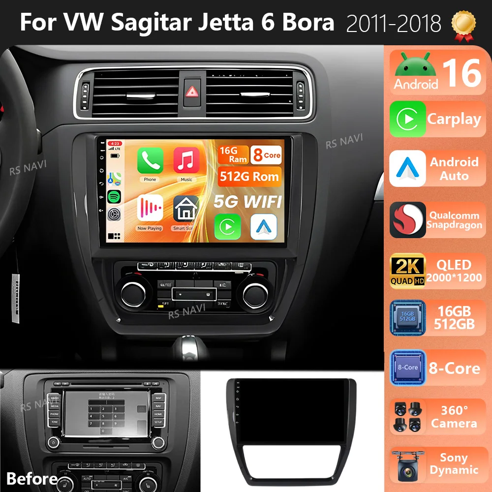 Plug and Play Android 16 For VW Volkswagen Jetta 6 MK6 2011 - 2018 2K QLED Android Car Radio Multimedia Video Player CarPlay