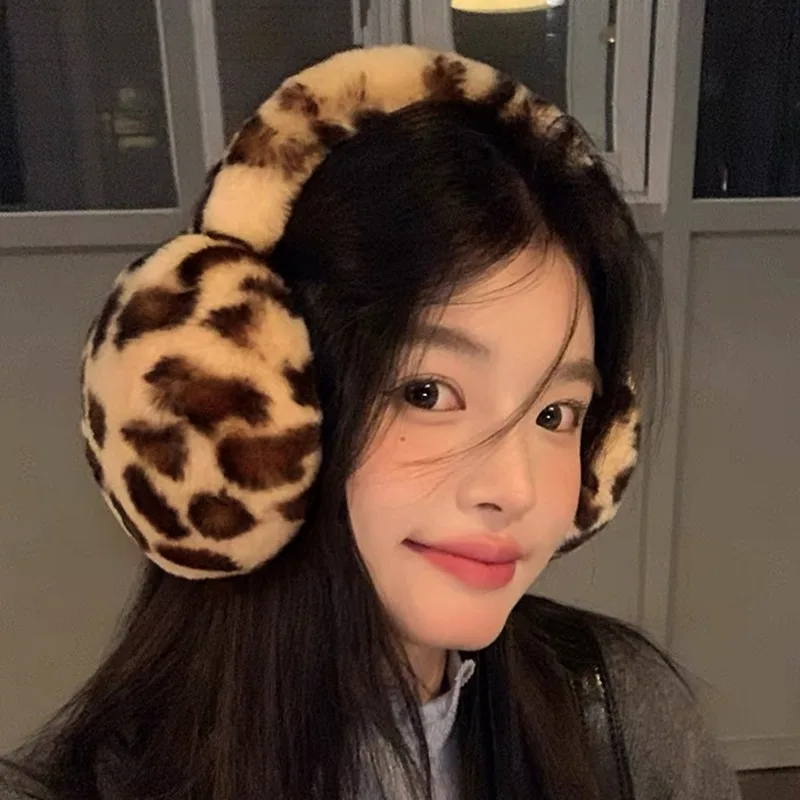 Women Fur Leopard Earmuffs Winter Thickened Warm Y2k Japanese JK Women Ear Cover Protection Cycling Earbags Y2k Accessories