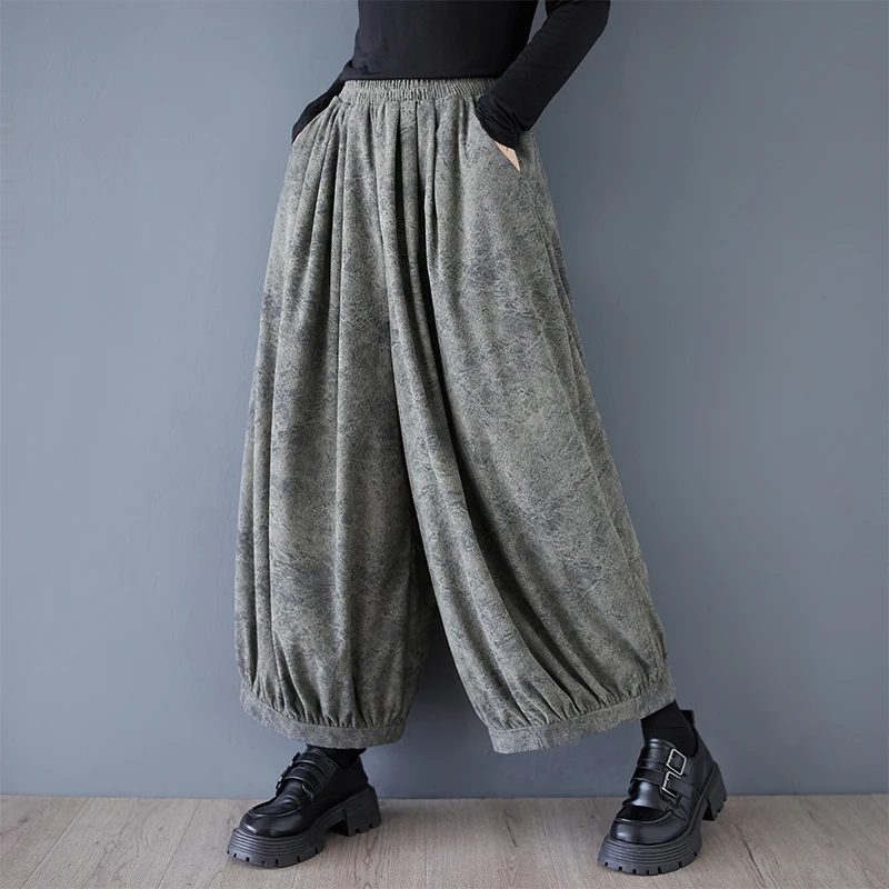 Retro Tie Dye Distred Straight Leg Casual Pants plus Size Women's Early Autumn Faion High Waist Drapey Nine Point Wide L...