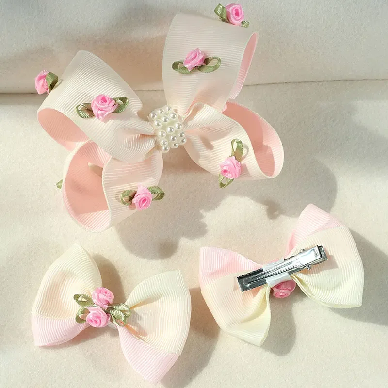 3Pcs Ribbon Bowknot Hair Clips Girls Silk Rose Flower Hairpins Boutique Korean Hair Accessories Kids Barrettes Headwear