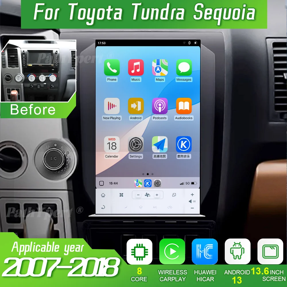

13,6-дюймовый сенсорный экран 2Din автомобильный радиоприемник для Toyota Tundra Sequoia 2007-2018 Android 13, мультимедийный плеер, беспроводной CarPlay GPS BT FM DSP