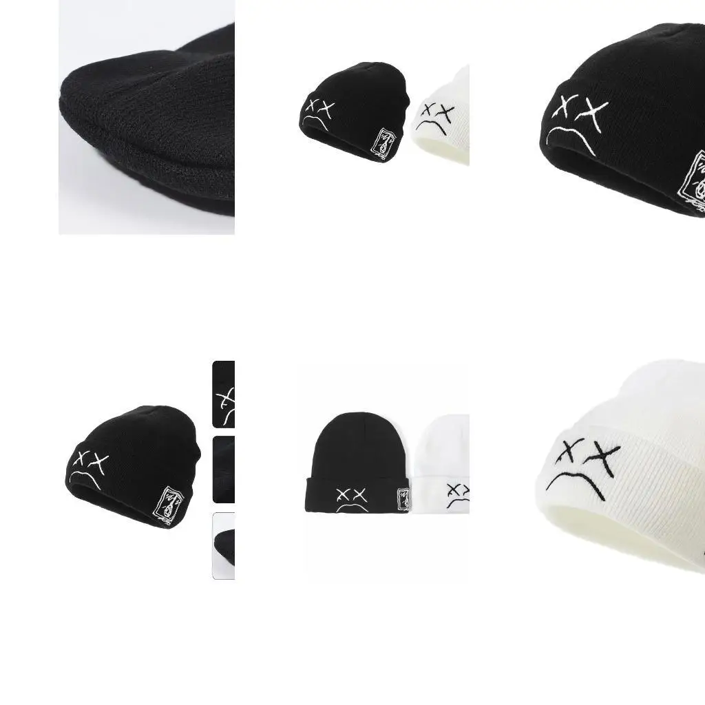 

652F Fashion Sad Face Expression Knitted Hat Funny Embroidered Beanie Knit Winter Hat