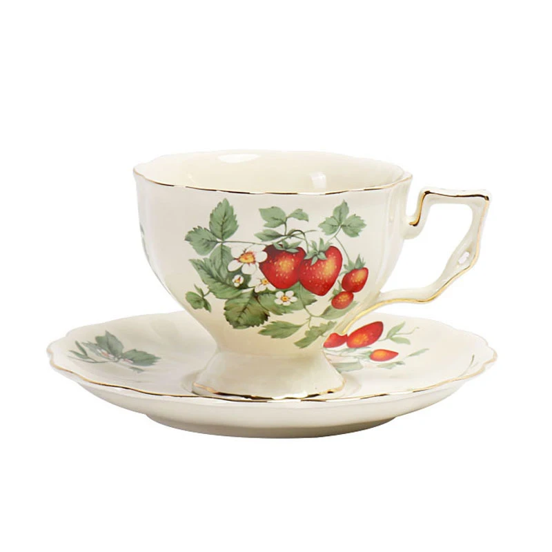 

Strawberry Coffee Set Porcelain Tea Cups And Saucer Vintage Cappuccino Cups With Gold Trim