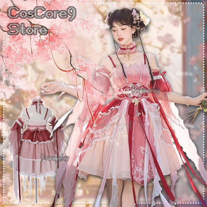 

Chinese Style OP Lolita Dress Hanfu Fairy Cosplay Costume Sweet Kawaii Cute Lace Print Ruffle Summer Suit Neck Collar Carnival