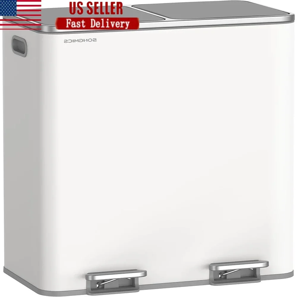

Kitchen Trash Can 2 x 10.6 Gallon Dual Compartment Stainless Steel Step Bin Soft Close Hands Free Operation with Removable