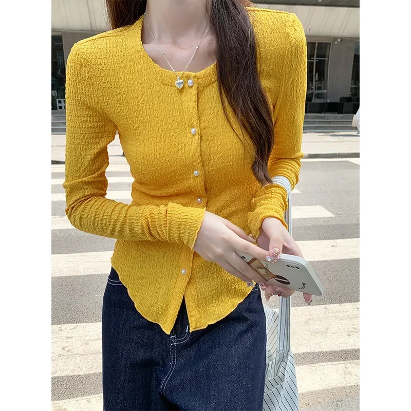 Yellow Round Collar Knitted Cardigan Women's Early Autumn Thin Edition Mushroom Edge Design Temperament Coat Exquisite Top