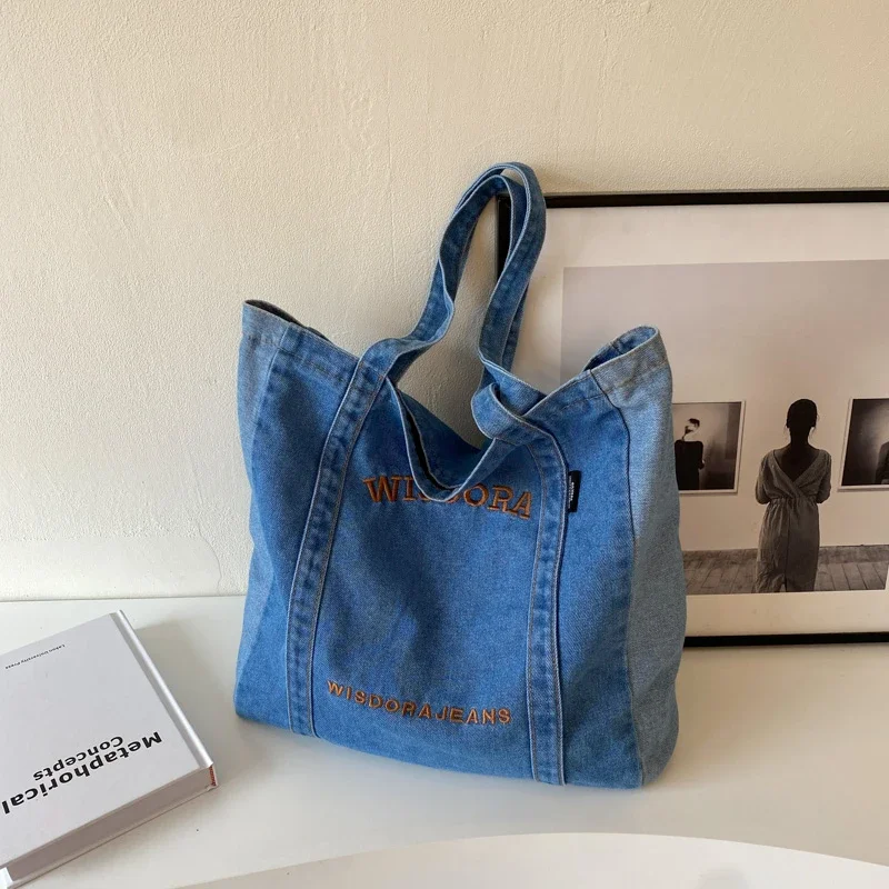 Bolsa jeans de grande capacidade feminina, atmosfera de tendência, bolsa de compras leve versátil, moda mais vendida, 2024