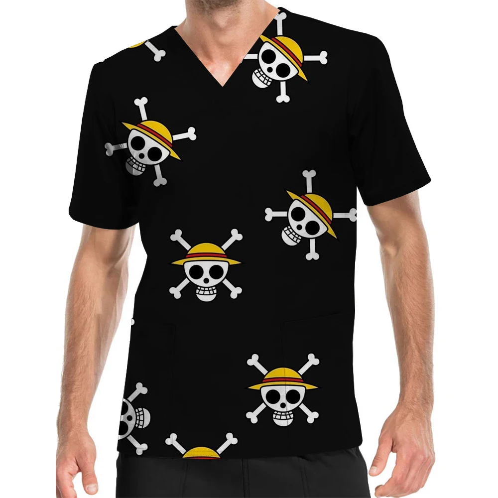 Roupas de enfermagem para salão de beleza, blusa esfoliante com estampa de decote em V, tops de manga curta, roupas de trabalho, uma peça Luffy estampada de manga curta