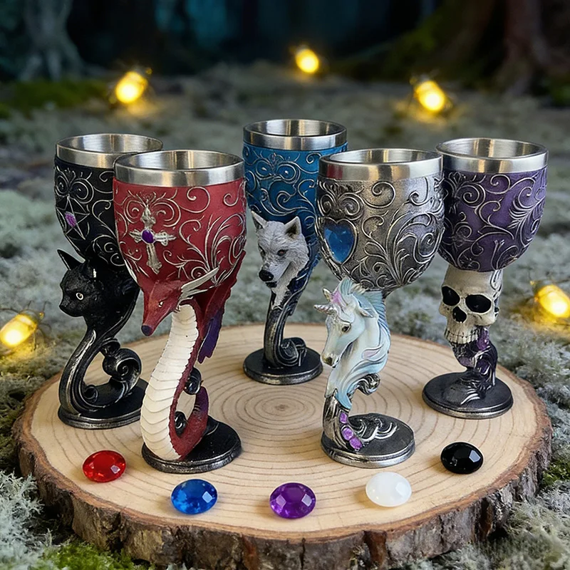 Stainless Steel 3D Dragon Unicorn Cat Skeleton Wolf Goblet Mug Creative Vintage Beer Coffee Cocktail Cup Home Party Decor Gift