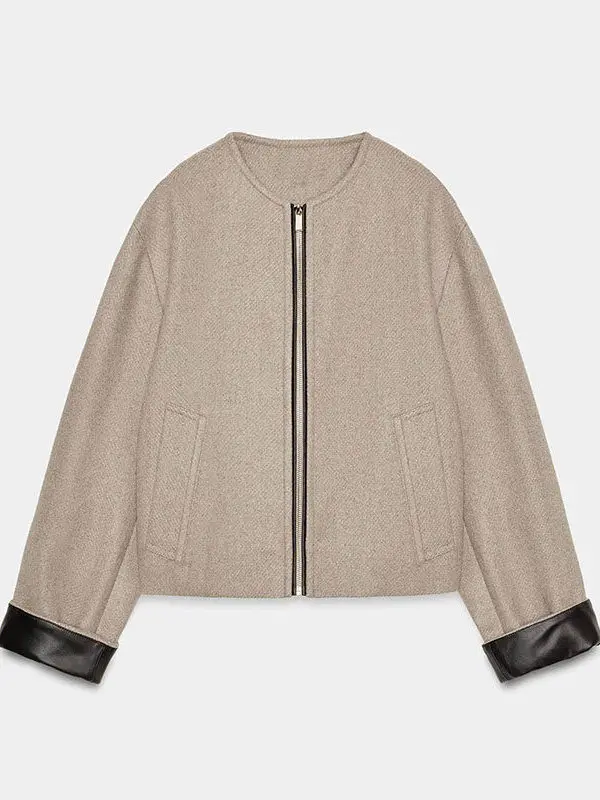 Spring 2026 Women's Pilot Jaet Leather Effect Outerwear Simple Sle Stand Version Decorative Strap PU Leather Long S...