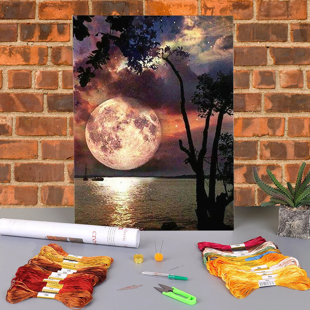 Landscape Moon Printed Fabric 11CT Cross Stitch Set DIY Embroidery DMC Threads Handicraft Handiwork Sewing Handmade   Sales