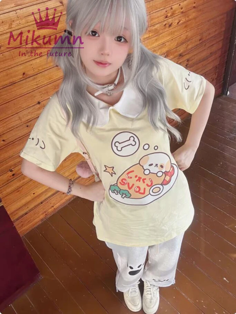 Mikumn giapponese Kawaii cane stampa t-shirt allentata donna Harajuku carino stile Preppy ragazze estate Casual manica corta Top Y2k Tees