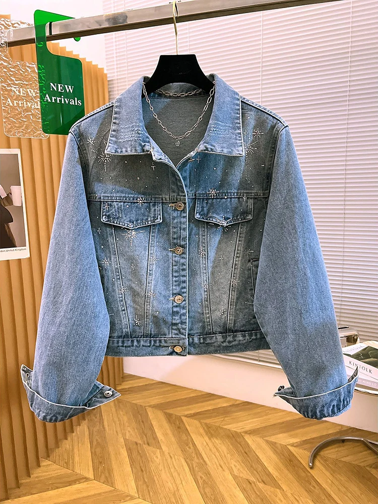 Korean Version Heavy Industry Hot Diamond Short Style Denim Jacket Women's Spring New Fashion Laple Collar Long Sleeve Jacket