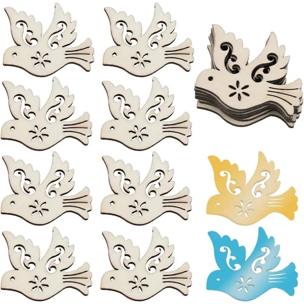 

50 шт. необработанные деревянные кусочки птиц, деревянные елочные украшения, печенье, выдалбливают пустой вырез, деревянные украшения в виде голубя, кулон