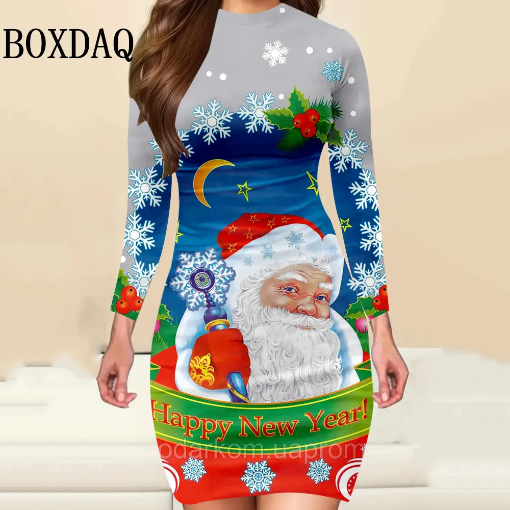 Damska sukienka z długim rękawem, świąteczny nadruk 3D, dopasowana sukienka bodycon z okrągłym dekoltem, elegancka, modna, zimowa sukienka mini na imprezę, odzież 2025