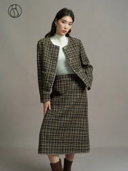 DUSHU Retro Fragrant Style Pattern Fashion Set Winter 2023 New Wool Blended Coat Half Skirt Brown Checkerboard Skirts For Women