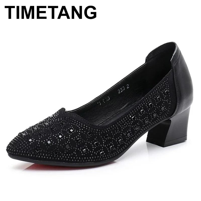 

TIMETANG Fashion Genuine Leather Shoes Woman Pointed Toe Women Pumps Shallow Slip-on Square Heel Zapatos Mujer Shoes Med heels