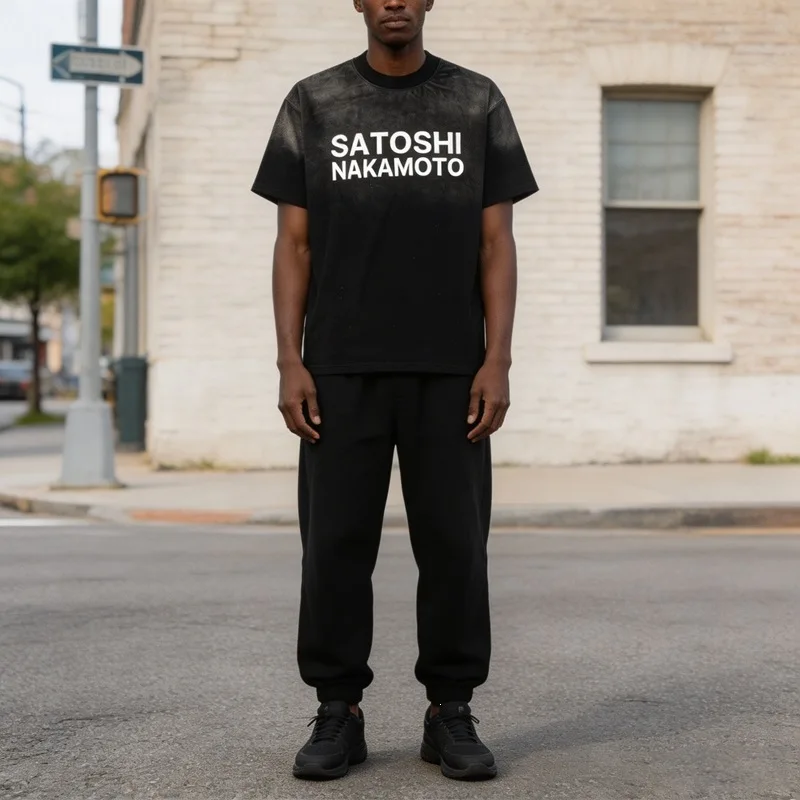 Satoshi Nakamoto classic letter-printed, washed and distressed denim loose short-sleeved T-shirt