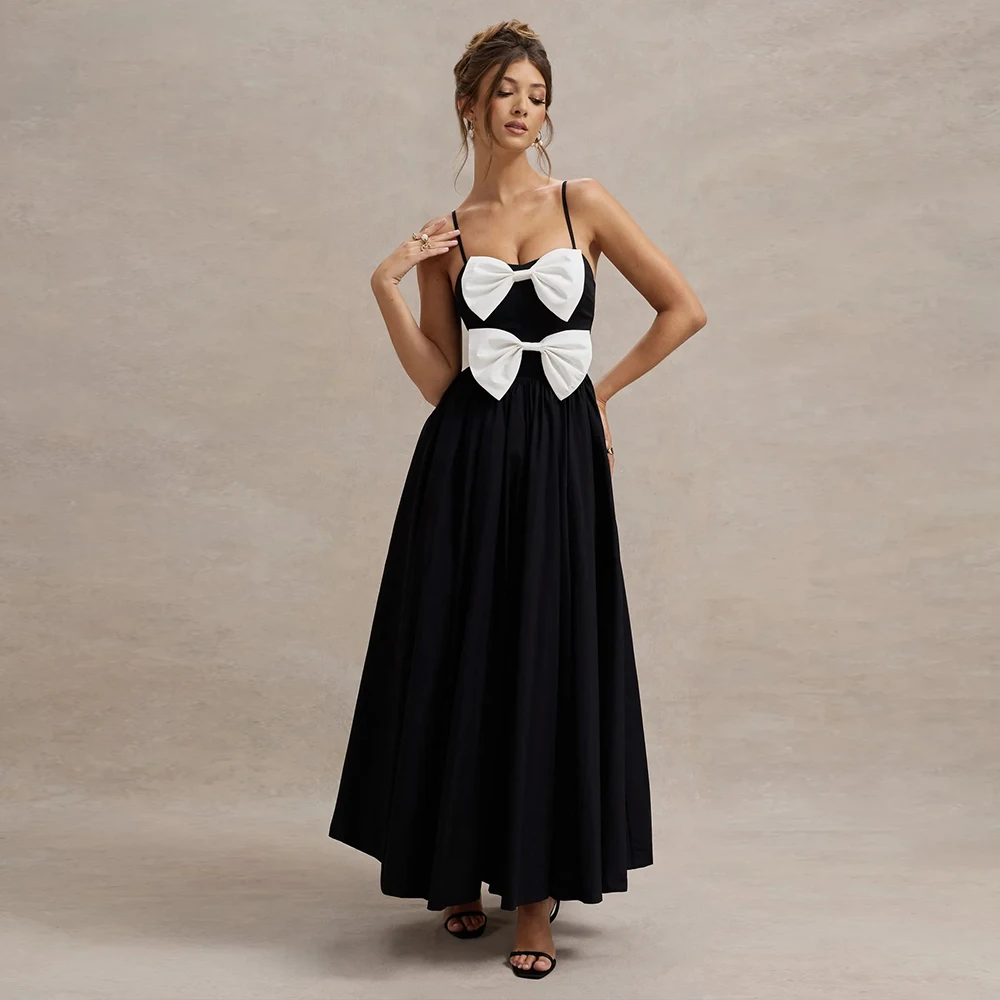

Customized Cute Evening Dresses Black Strappy Pleated Maxi Dress with Bows Spaghetti Straps Long Elegant Formal Women Gowns