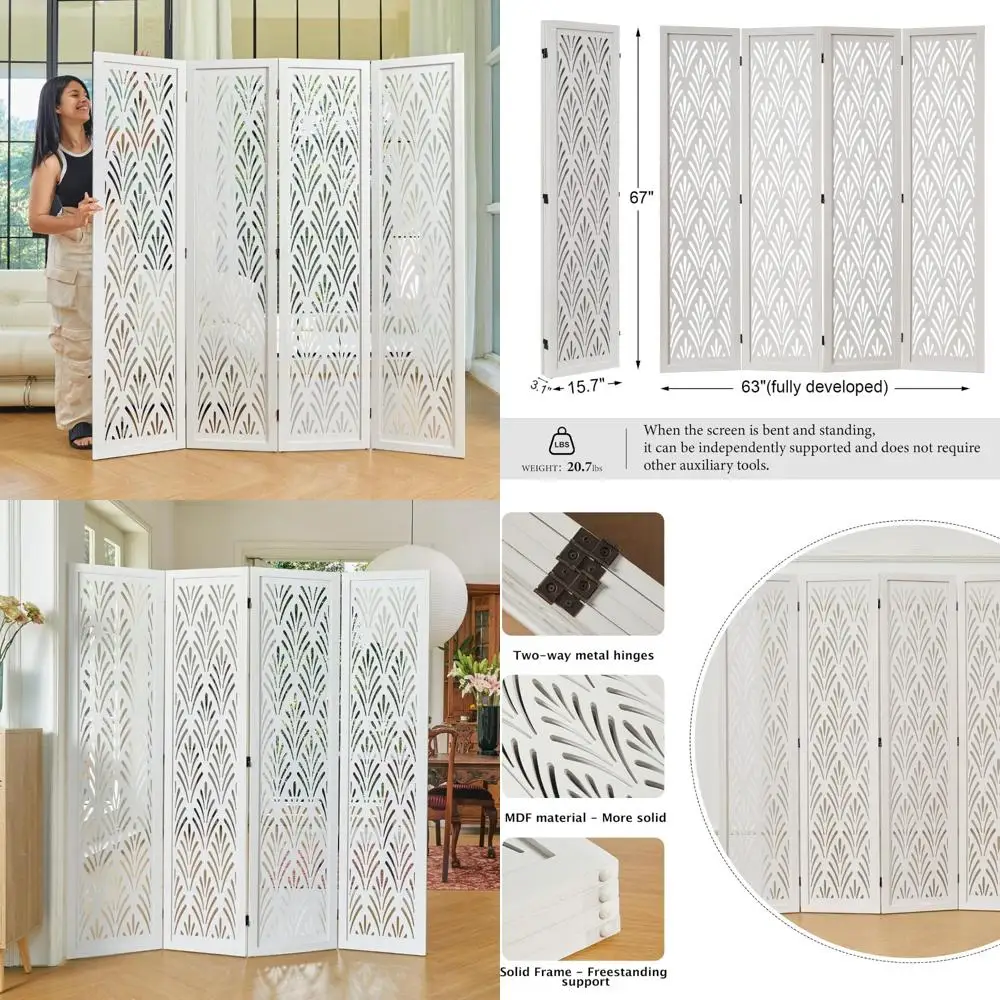 Mampara divisoria simple tallada de madera plegable con divisor de habitación de 5,6 pies para jardín de oficina en casa - 4 paneles (blanco)