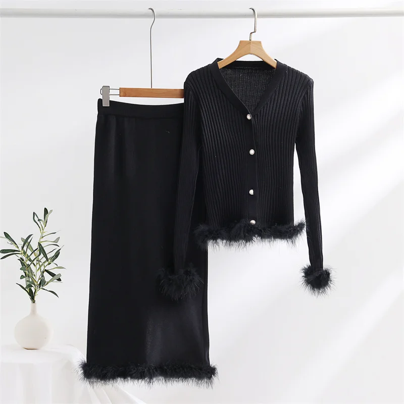 Elegant Faux Fur Knit Two Piece Skirt Set Women 2 Piece Ribbed Cardigan Dress Sets Winter Knitted Two Piece Women Sets 2024