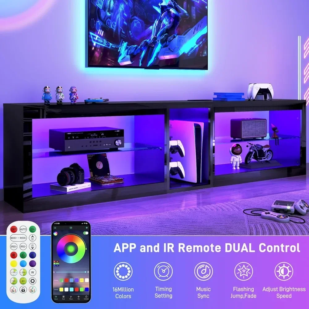 

Подставка для LED-телевизора 81 дюйм с розеткой и RGB-подсветкой, регулируемые стеклянные полки для телевизоров 70-90 дюймов, черный медиацентр