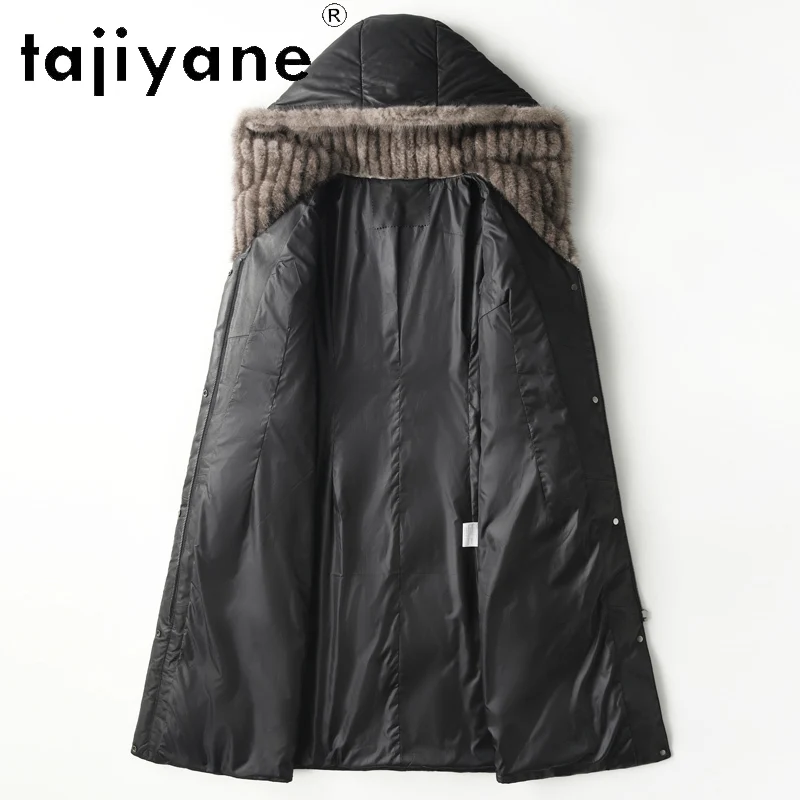 TAJIYANE 100% جلد الغنم الحقيقي أوزة أسفل معطف أسود جلد حقيقي سترة منفوخة النساء مع قبعة فرو المنك 2025 الملابس الشتوية fadding
