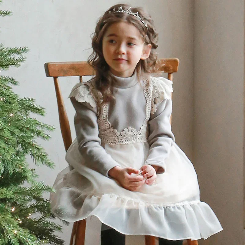 Little Girls Vintage Dress Winter Warm Child Girl Kids Princess Tulle Lace Dresses Kids Birthday Party Frock Children Clothes