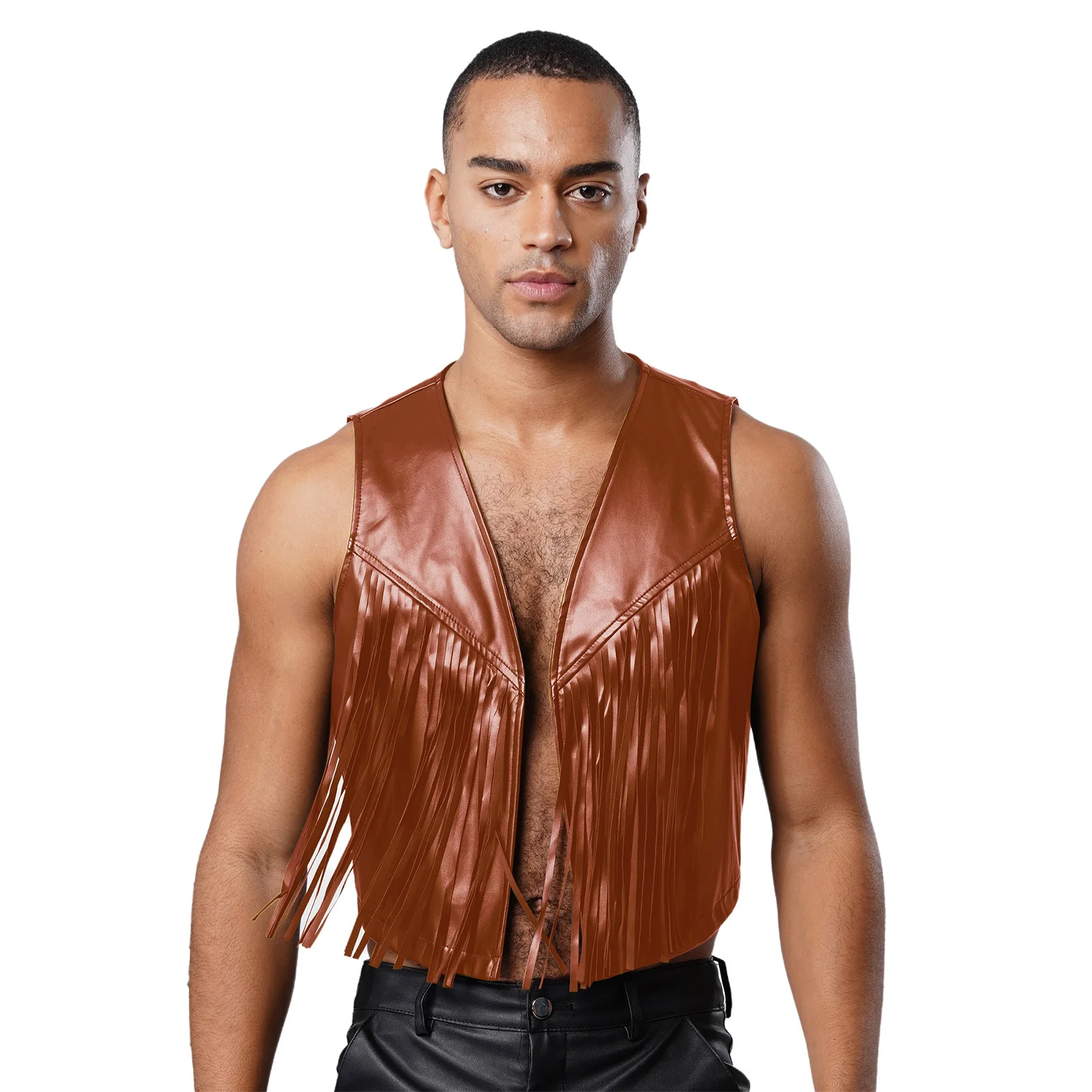 Męski strój kowbojski w stylu western, kostium cosplay, vintage lata 70., kamizelka z frędzlami, kurtka bez rękawów, otwarta kamizelka, topy bez rękawów, krótkie topy