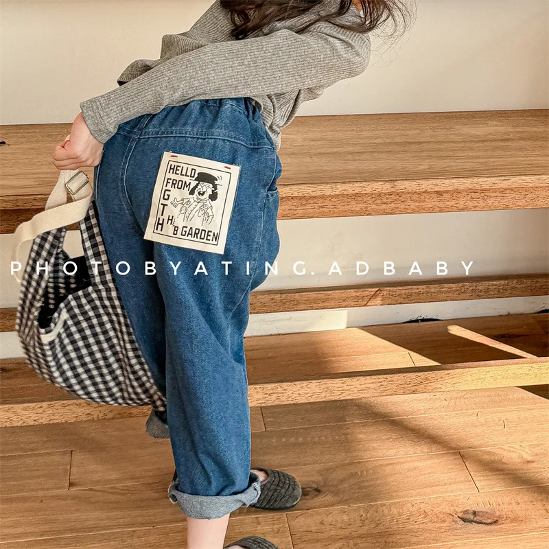 Toddler Boys Fashion Versatile Jeans Kids Loose Harem Pants 2025 Autumn New Children Denim Trousers Baby Girl Patch Casual Pants
