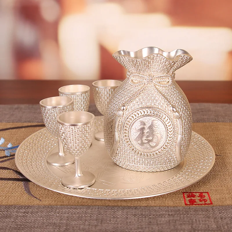 Six-piece Set of New Chinese Design High-end Wine Set Household Wine Jug Metal Goblet Lucky Bag Liquor Glass Shot Glasses Set