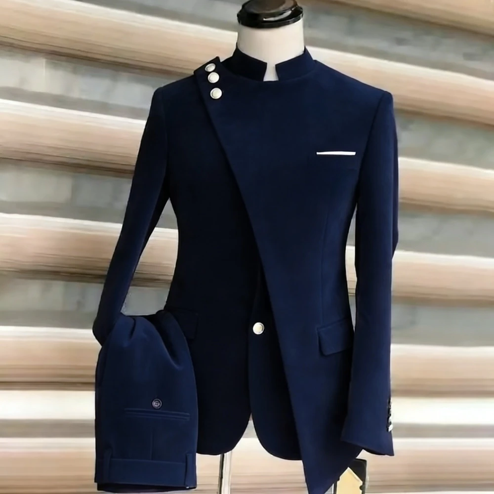Oriental Style Men's Stand Collar Suit Chic Oblique Placket Velvet Slim Fit Blazer Pants Set For Business Banquet Formal Wear