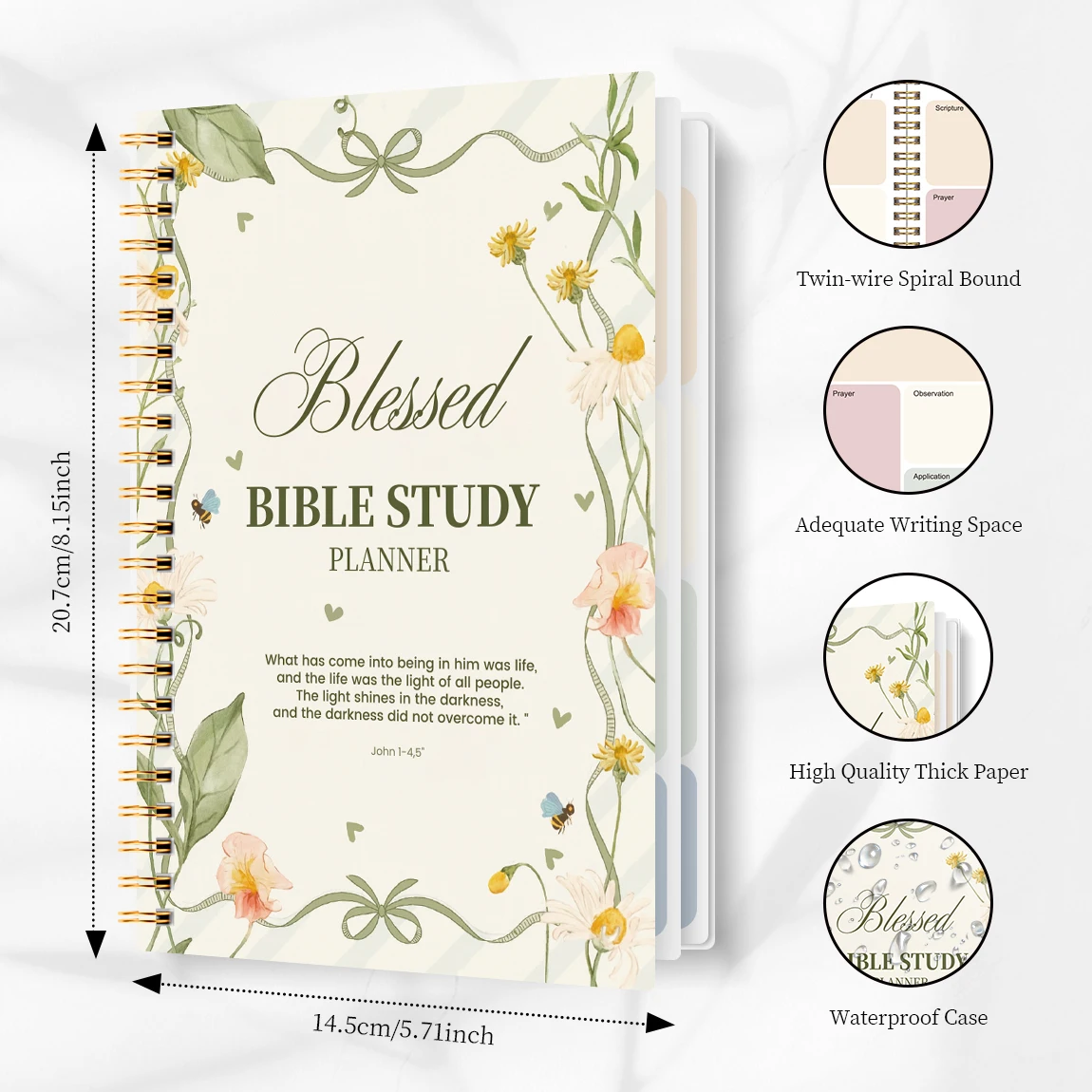 A5 Blessed Bible Study Planner, SOAP Method Christian Journal, Spiral Bound Scripture Prayer Notebook