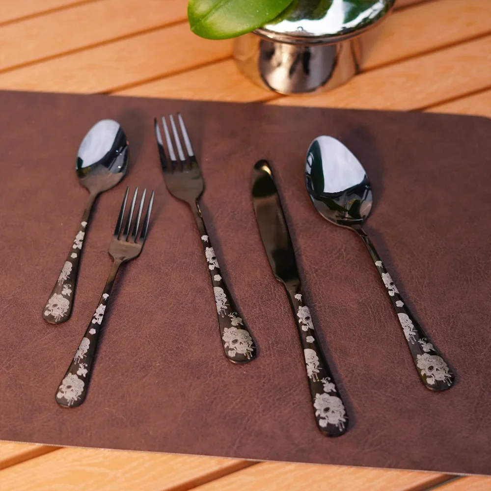 Black Creative Carved Rose Skeleton Skull Stainless Steel Tableware Set with Knife, Fork, Spoon, Five Piece Dinnerware  Set