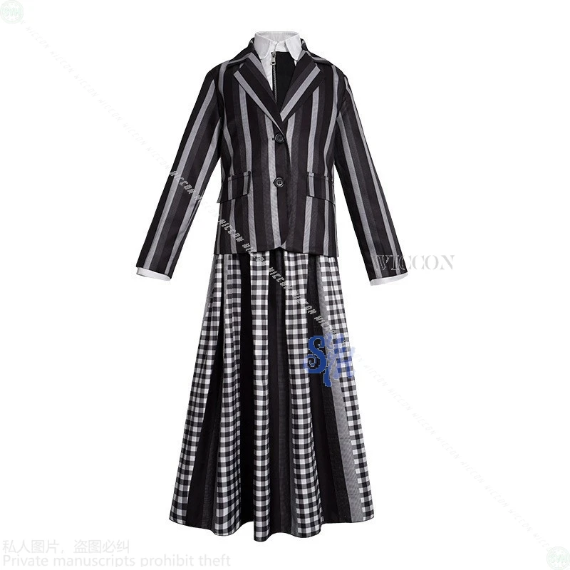 فستان أنيمي Never Movie More للأطفال التنكري JK فستان قوطي رمادي فاتح داكن مخطط منقوش تنورة طويلة زي الهالوين للمدرسة