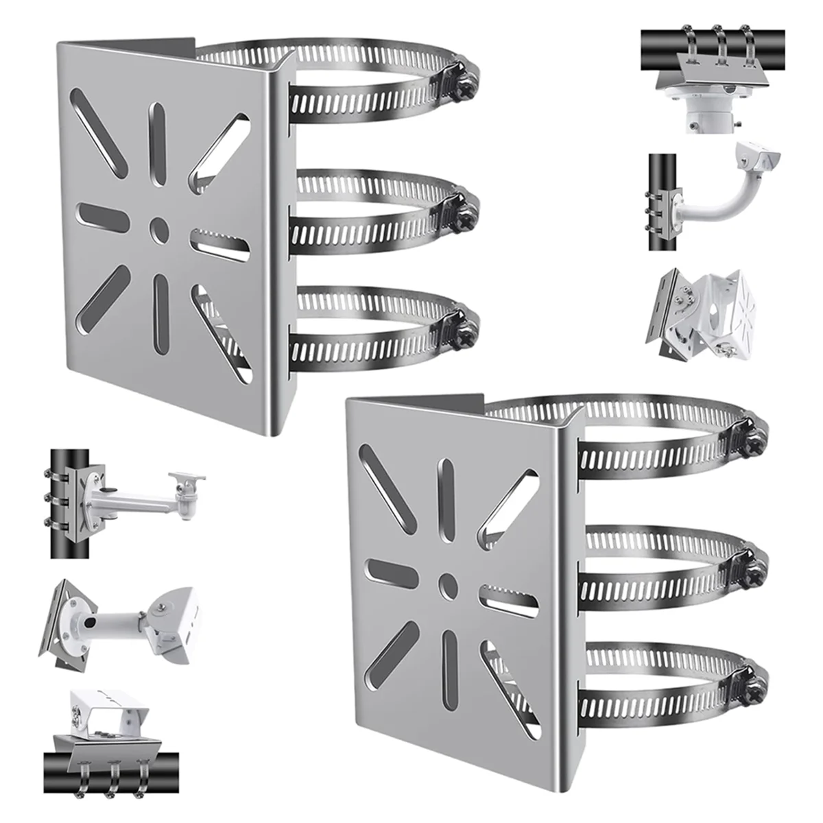 2Pcs Universal Wall Mounting Bracket with 6 Loops, Stainless Steel Vertical Pole Mount Adapter for CCTV Security Camera