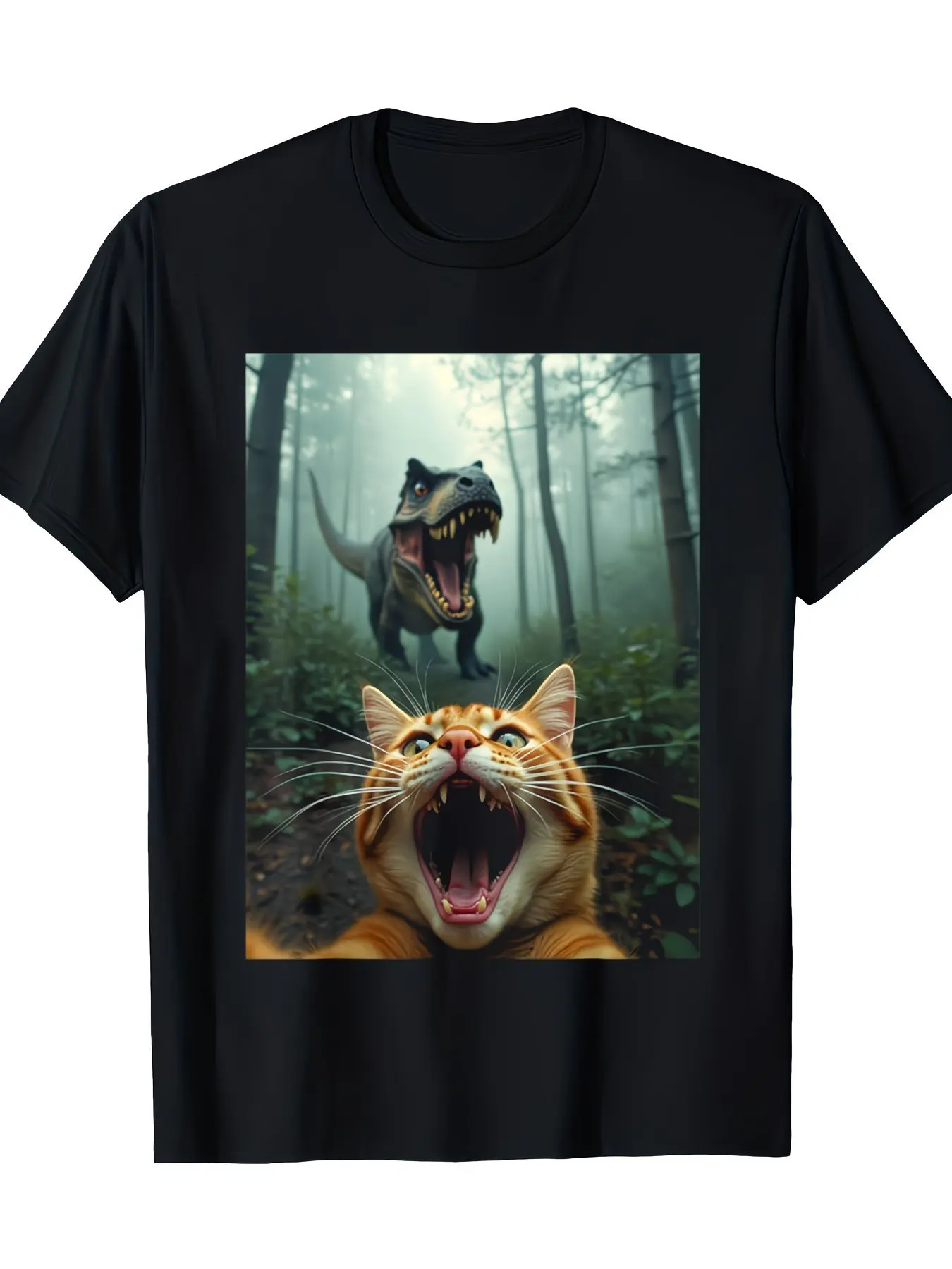 Men's Black T Shirt, Loose Fit Casual Fashionable, Misty Forest  Cat Dinosaur Printed Design, Round Neck Trendy Tee, Versatile Streetwear for Daily Wear, New Arrival Stylish Men's Shirt