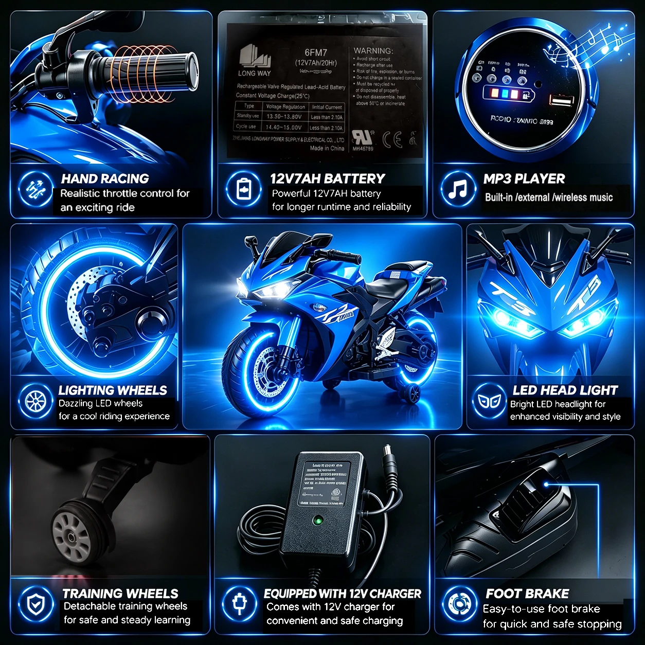 Kids Motorcycle 12 V Motorcycle For Kids 3-8 Years Boys Girls, Kids Motorcycle Ride On Toy With Training Wheels/Manual Throttle/Drive By Hand/Lighting Wheels、Remote Control By Phone