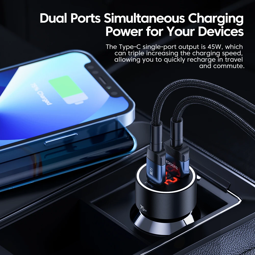 Toocki 75W USB C Charger QC4.0 PD3.0 SCP 5A PD Fast Charging Type C Car Phone Charger For iPhone 14 13 Samsung Xiaomi Huawei