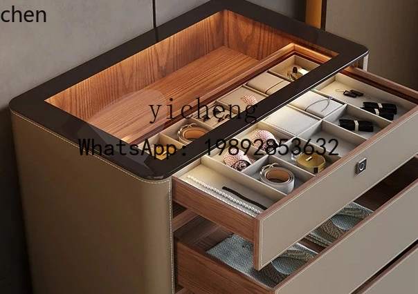 YFY  Saddle Leather Bedroom Chest Multifunctional  Fingerprint Lock Jewelry Display Storage Cabinet