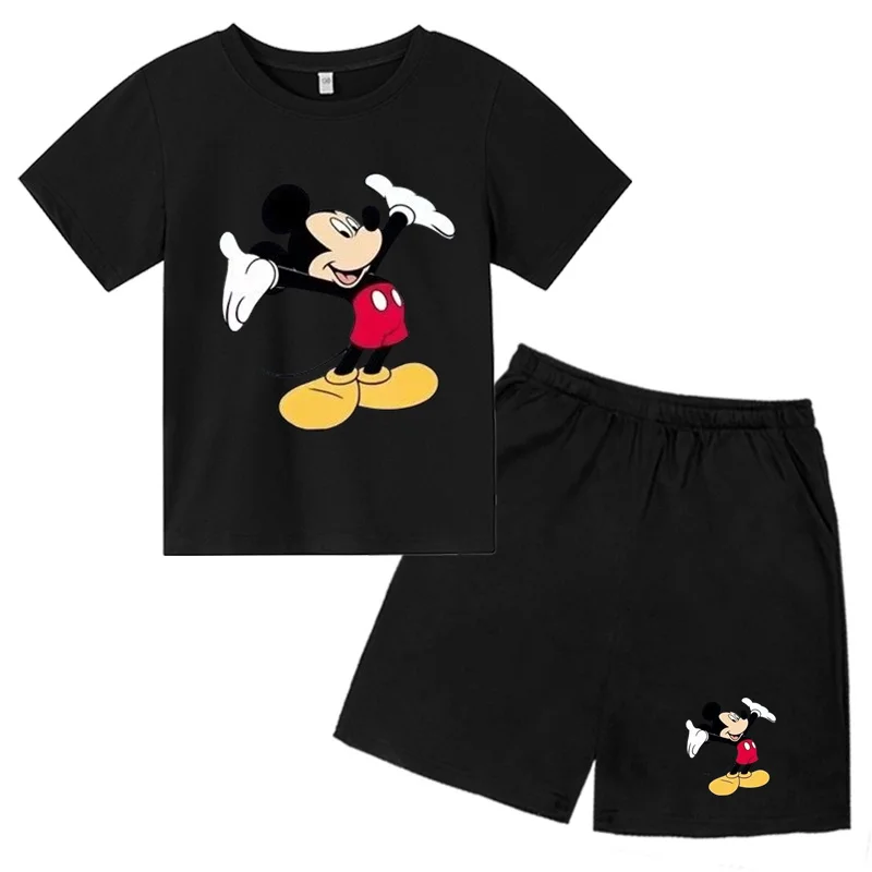 Kids hot selling T-shirt 2-piece set for boys and girls aged 3-12, casual sports short sleeved+shorts printed with Mickey Mouse